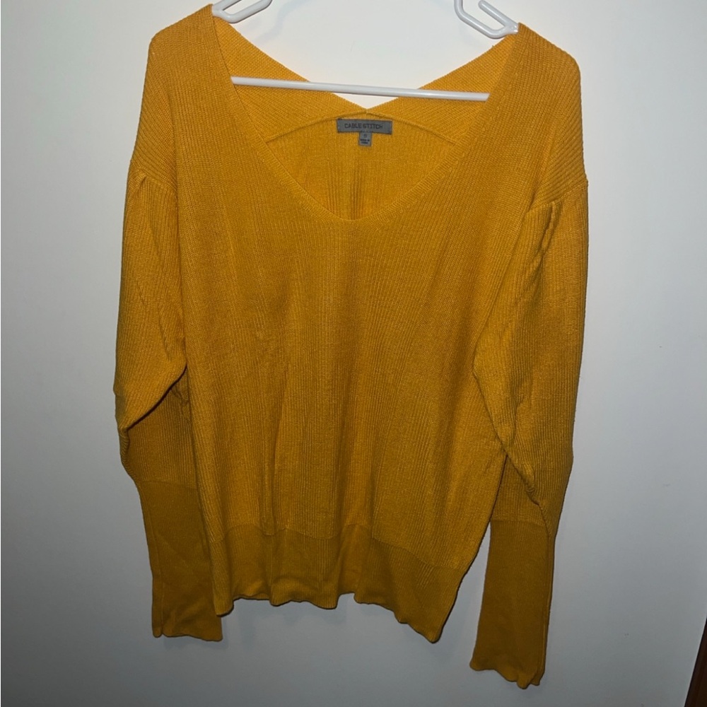 Cable Stitch Mustard Yellow V-Neck Sweater – Size S